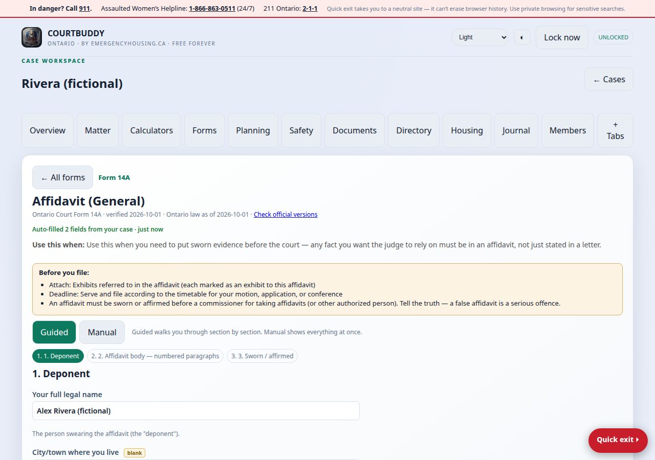 CourtBuddy's guided Form 14A (Affidavit — General) session: Guided and Manual tabs, step chips, the 'Auto-filled 2 fields from your case' notice, and the merged fictional deponent name