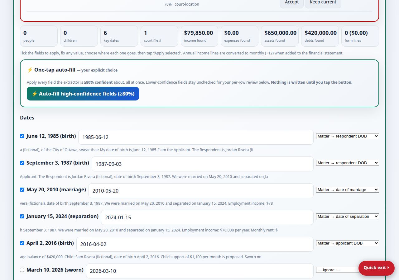 The document review tray: detected date fields with checkboxes, editable values, and per-row target dropdowns choosing where each value goes (for example, Matter → date of marriage)
