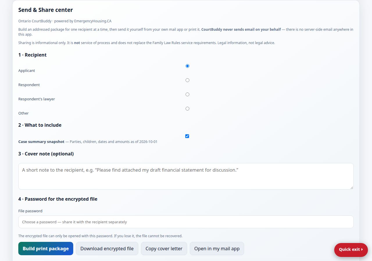 The Send & Share center: recipient picker, include checklist, cover note, file-password field, and the Build print package, Download encrypted file, Copy cover letter, and Open in my mail app buttons