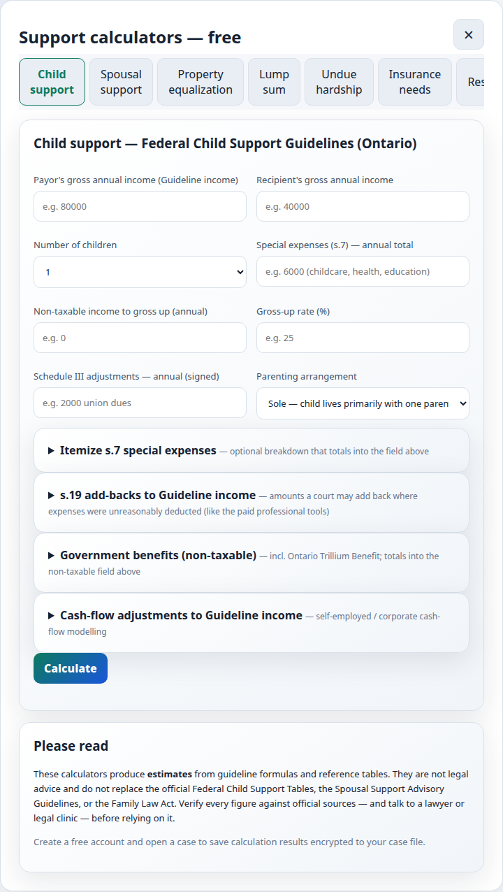 The Ontario CourtBuddy public support calculators panel (no fictional data shown; the walkthrough scenario above is fictional)