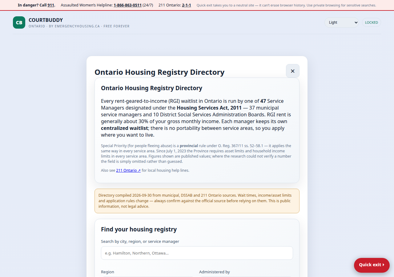 The Ontario Housing Registry Directory showing service manager and DSSAB cards with waitlist and RGI information