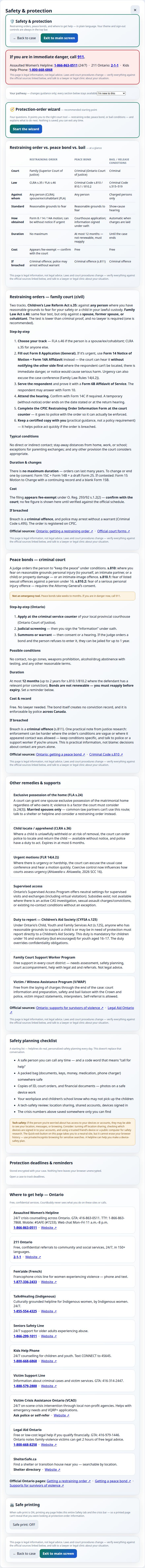 The Ontario CourtBuddy Safety tab: protection-order wizard, restraining-order versus peace-bond comparison, step-by-step guides, and crisis lines